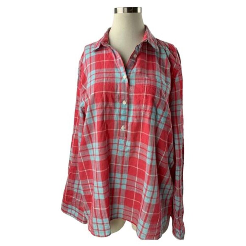 J. Crew 1/2 button Oversized lightweight Red Light Blue Plaid Henley Shirt Sz XS